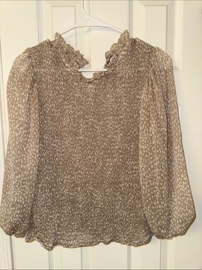 Express Neutral Smocked Ruffled Neck Blouse